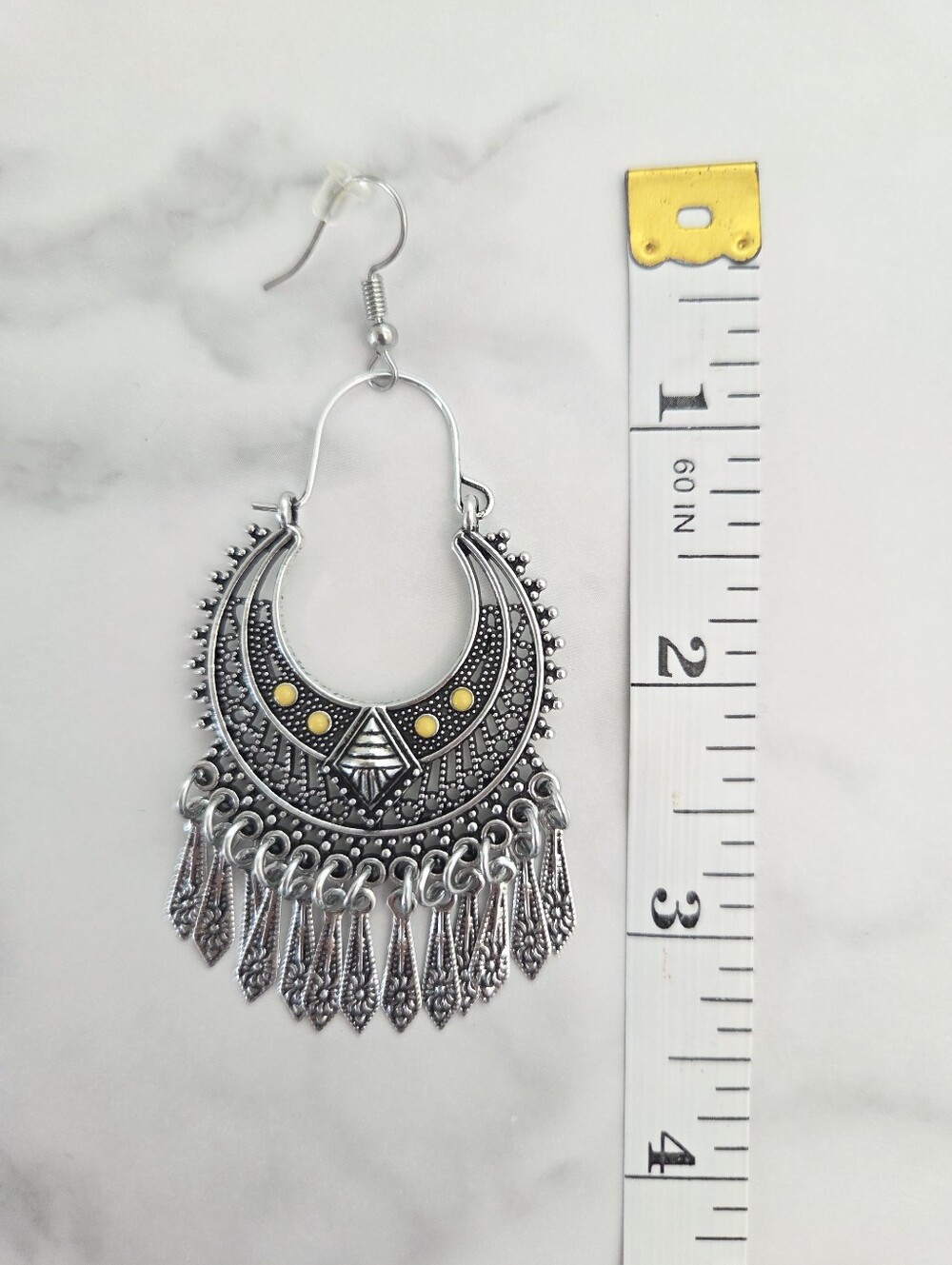 ​Paparazzi Silver Boho Crescent Fringe Statement Earrings Yellow Accents - Picture 11 of 11